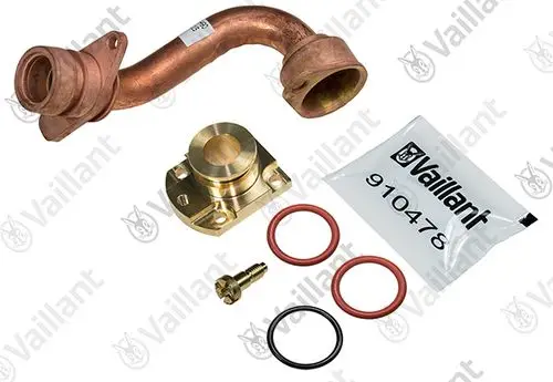 Vaillant Rohr mit Anbauteilen, einschließlich einer Kupferleitung, einem Metallstück, Dichtungen und Schrauben für die Montage.
